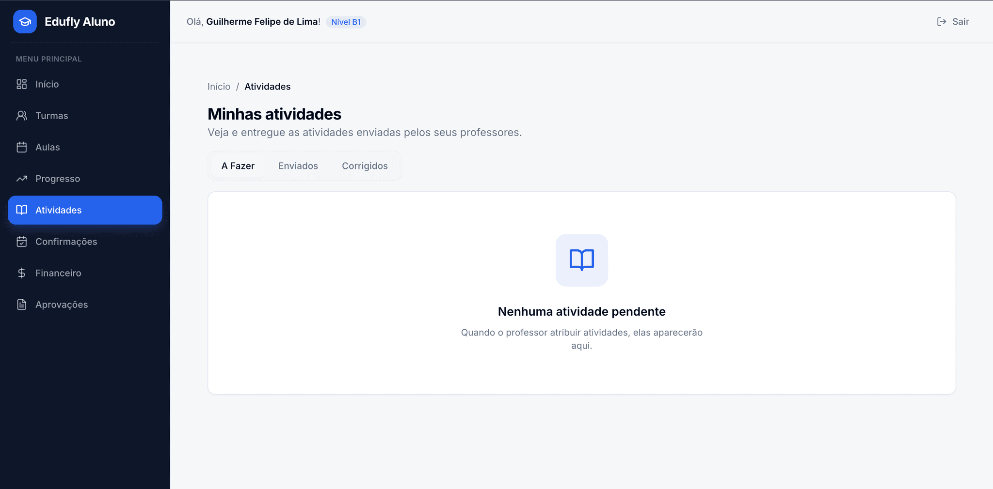 Portal do aluno com atividades e homework