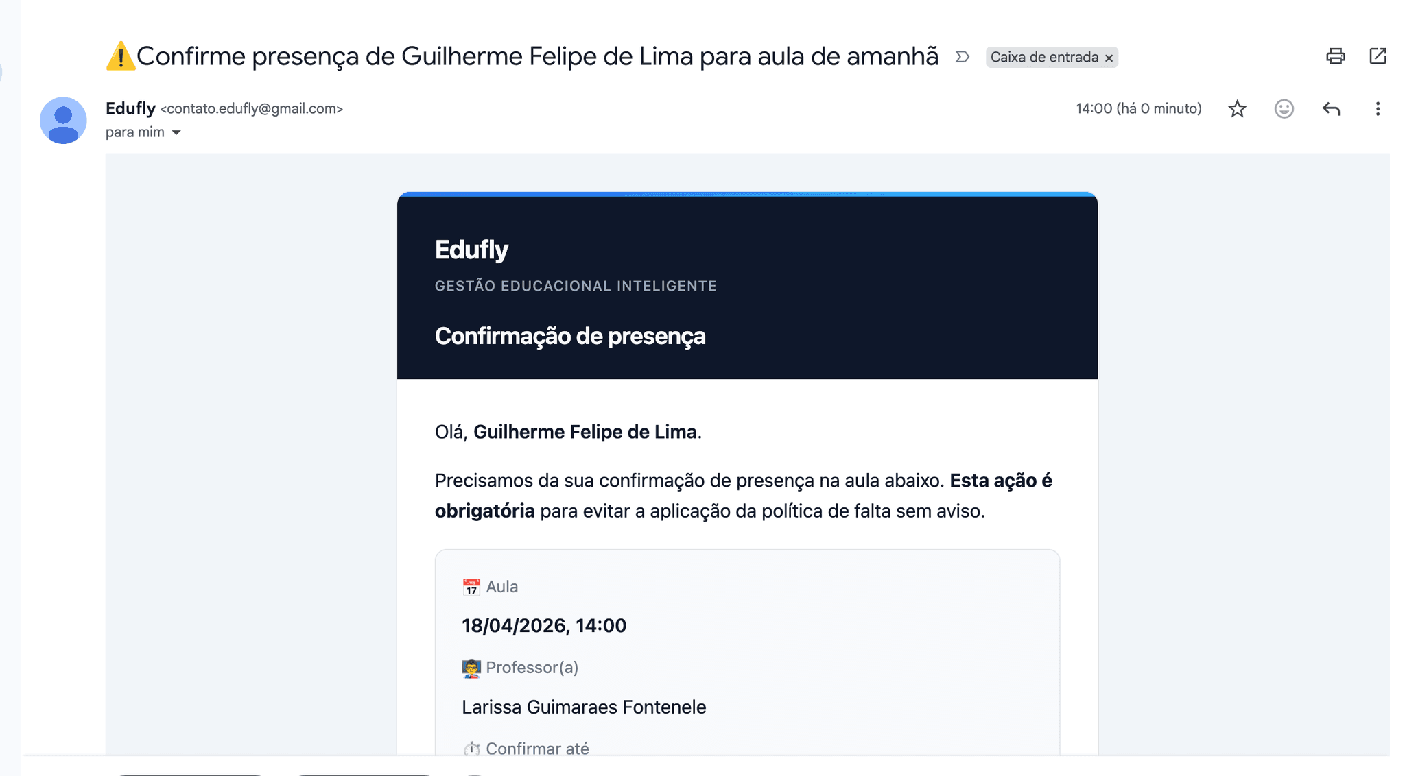 Email de confirmação de presença enviado pelo Edufly