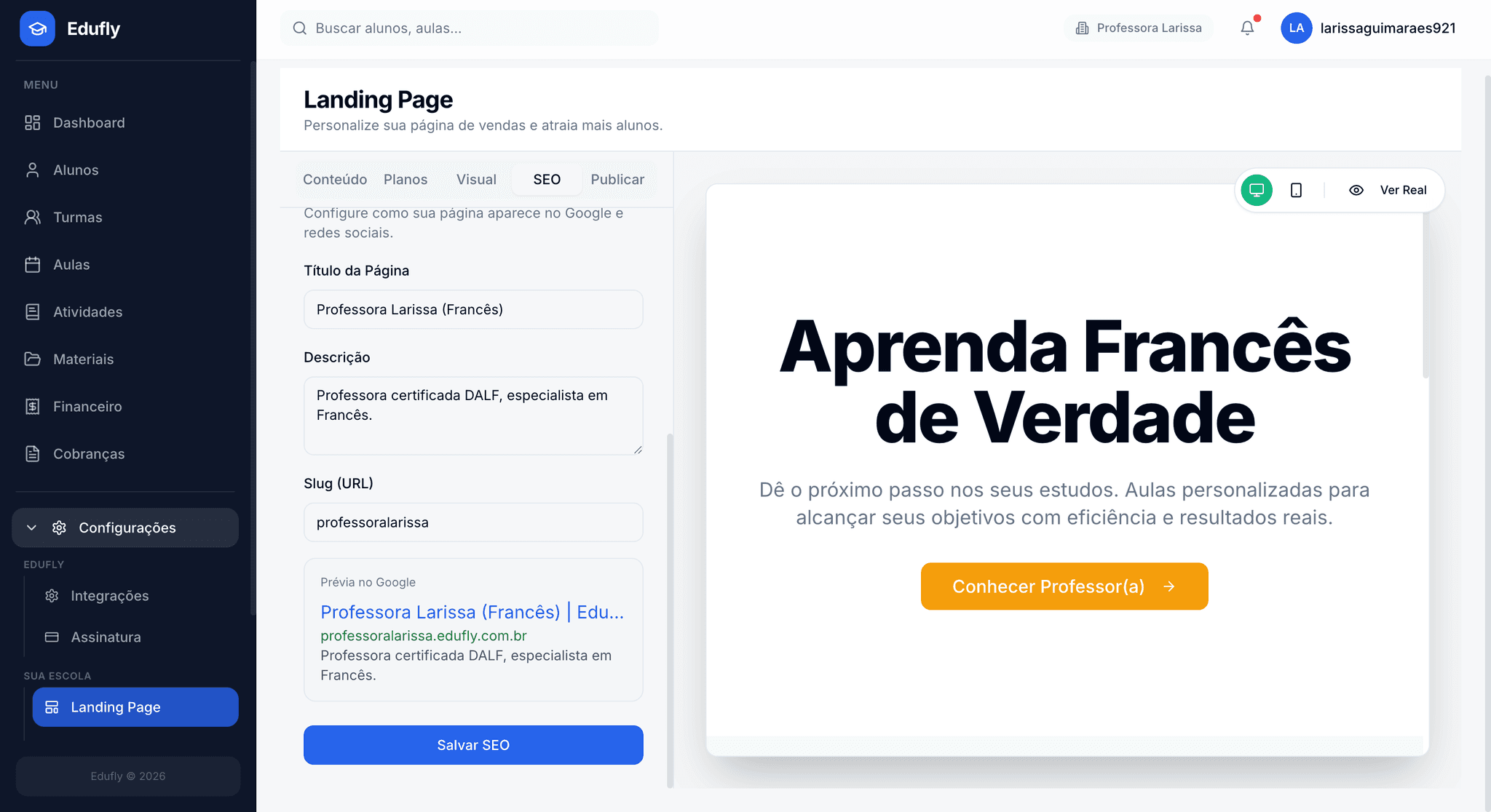 Dashboard do Edufly mostrando o editor de landing page do professor