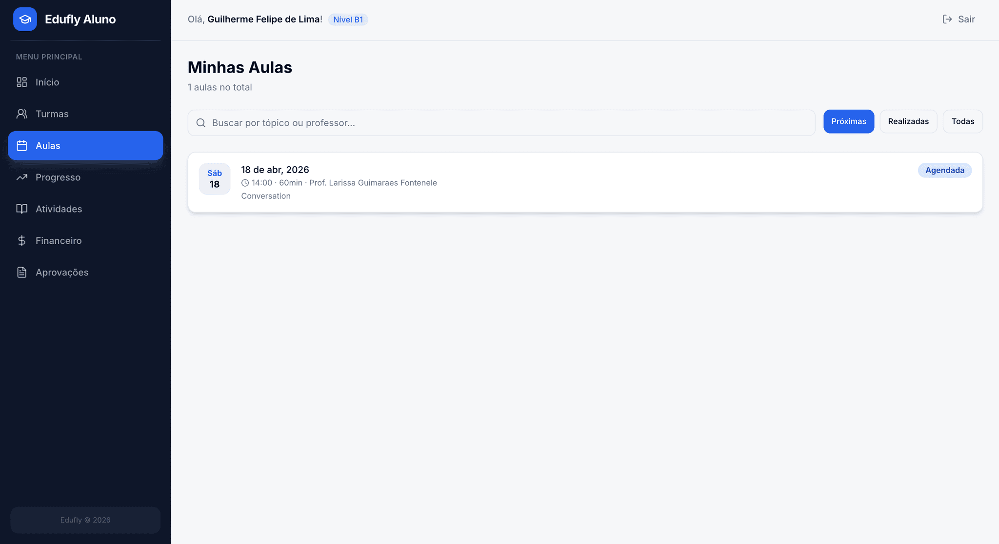 Portal do aluno com lista de aulas agendadas